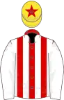 RED and WHITE STRIPES, white sleeves, yellow cap, red star