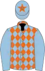 Light blue, orange diamonds on body, star on cap