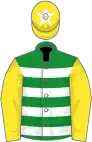 Green and white hoops, yellow sleeves, yellow cap, white star