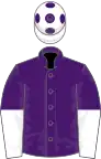 Purple, white halved sleeves, white cap, purple spots