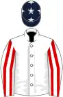 White, red striped sleeves, dark blue cap, white stars