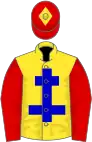 Yellow, blue cross of lorraine, red sleeves, red cap, yellow diamond