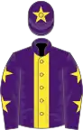 Purple, yellow stripe, purple sleeves, yellow stars, purple cap, yellow star