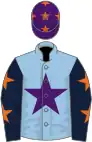 Light blue, purple star, dark blue sleeves, orange stars, purple cap, orange stars