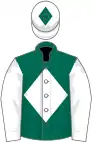 Dark green, white diamond and sleeves, white cap, green diamond