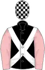 Black, white cross sashes, pink sleeves, white and black check cap