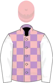 Mauve and pink check, white sleeves, pink cap