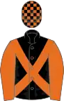 BLACK, orange cross sashes and sleeves, orange and black check cap