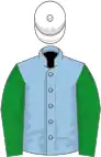 Light blue, green sleeves, white cap