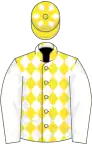 Yellow, white diamonds, white sleeves, yellow cap, white diamonds