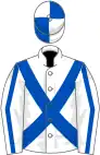 White, royal blue cross-belts and stripe on sleeves, quartered cap