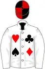 White, red heart and diamond, black spade, black and red quartered cap