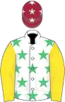 White, emerald green stars, yellow sleeves, maroon cap, white stars