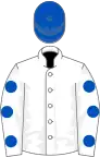 White, royal blue spots on sleeves, royal blue cap