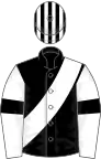 Black, white sash, white sleeves, black armlets, striped cap