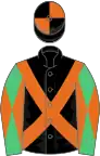 BLACK, orange cross sashes, emerald green sleeves, orange diabolo, black and orange quartered cap