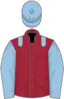 Maroon, light blue epaulets, sleeves and cap