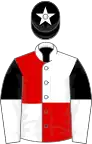 Red and white (quartered), black and white halved sleeves, black cap, white star