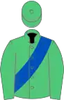 Emerald green, royal blue sash