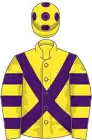 Yellow, purple cross belts, hooped sleeves and spots on cap