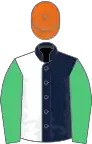 Dark Blue and White (halved), Emerald Green sleeves, Orange cap