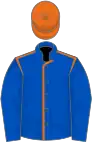 Royal blue, orange seams, royal blue sleeves, orange cap