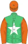 Emerald green white star, orange sleeves and cap