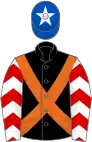 Black, orange cross sashes, white sleeves, red chevrons, royal blue cap, white star