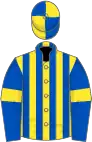 Yellow and royal blue stripes, royal blue sleeves, yellow armlets, quartered cap