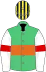 Emerald green, orange hoop, white sleeves, red armlet, dark blue and yellow striped cap