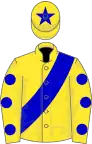 Yellow, blue sash, spots on sleeves, star on cap