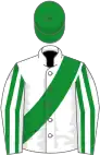 White, green sash, striped sleeves, green cap