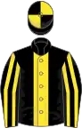 Black, yellow stripe, striped sleeves, quartered cap