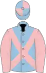 Light blue, pink cross-belts and sleeves, quartered cap