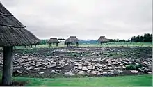 A circle on the ground made of stones.