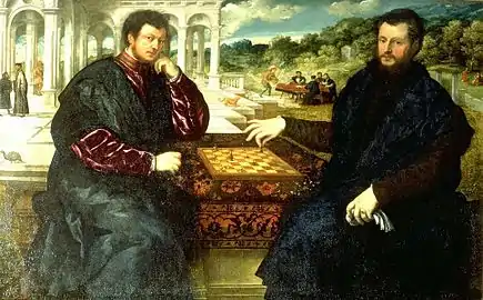 Image 23Paris Bordone, c. 1545, Chess players, oil on canvas, Mailand, Wohnhaus (from Chess in the arts)