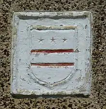 Washington family coat of arms above entrance at Sulgrave Manor, Northamptonshire, England, built by Robert Washington in 1540s