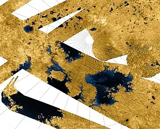 Image 8Titan's north polar hydrocarbon seas and lakes, as seen in a false-color Cassini synthetic aperture radar mosaic (from Lake)