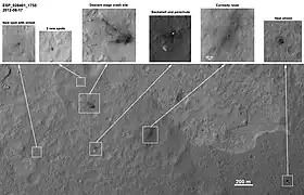 MSL debris field viewed by HiRISE on August 17, 2012 - parachute is 615 m (2,018 ft) from the rover. (3-D: rover and  parachute)