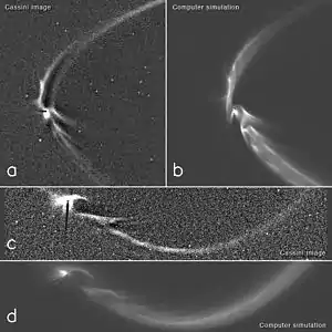 Enceladus geyser tendrils - comparison of images ("a";"c") with computer simulations