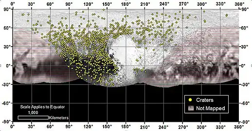 Distribution of over 1000 craters of all ages in the northern anti-Charon quadrant of Pluto. The variation in density (with none found in Sputnik Planitia) indicates a long history of varying geological activity. The lack of crater on the left and right of the map is due to low-resolution coverage of those sub-Charon regions.