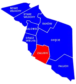 Location of Załuski within the district of Włochy, in accordance to the City Information System.