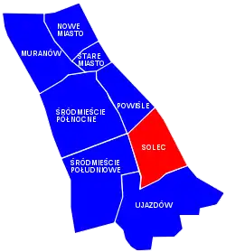 Location of Solec neighborhood (red) in the district of Śródmieście-Downtown (navy blue)