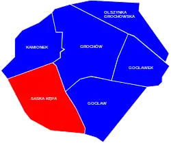 Location of Saska Kępa (red) in the District of Praga Południe (navy blue)