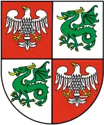 The coat of arms of the Warsaw West County used from 2000 to 2012.