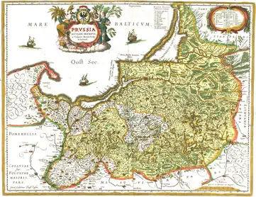 Map by Caspar Henneberg, Elbing, 1576: Duchy and Royal Prussia originally with same colour (for the duchy the colour was added later)