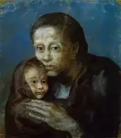 Pablo Picasso, 1903, Desemparats (Maternité, Mère et enfant au fichu, Motherhood), pastel on paper, 47.5 x 41 cm, Museu Picasso, Barcelona. Exposició d'Art francès d'Avantguarda, Galeries Dalmau, Barcelona, 1920