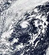 Satellite imagery of Subtropical Storm Pablo on October 25, 2019, with a formative eye feature