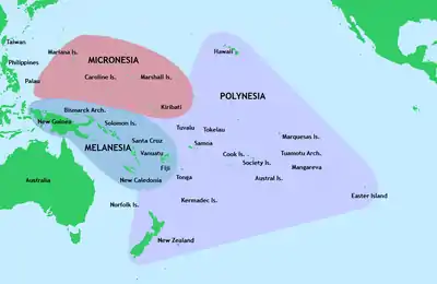 Map of the three major Pacific cultural regions: Polynesia, Melanesia, and Micronesia.