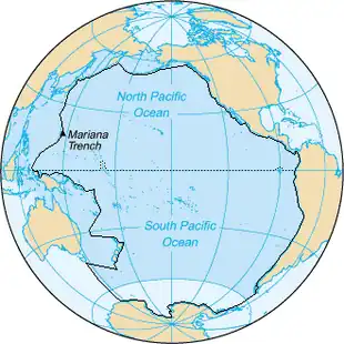 Image 28Area inside the black line indicates the area constituting the Pacific Ocean prior to 2002; darker blue areas are its informal current borders following the recreation of the Southern Ocean and the reinclusion of marginal seas. (from Southern Ocean)